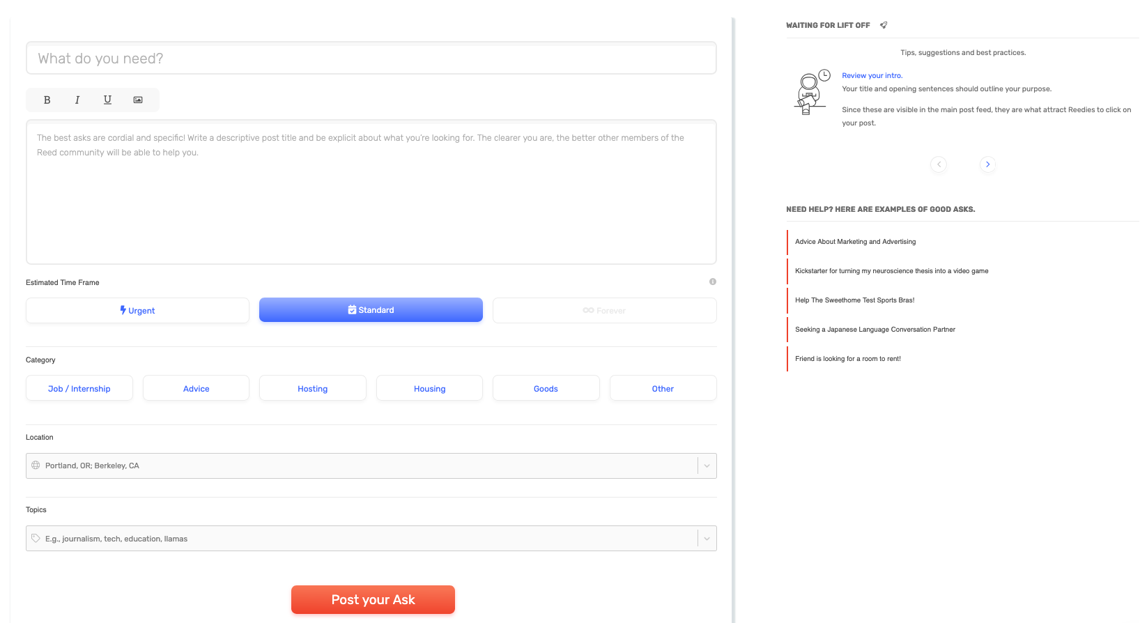 The Ask page on Switchboard