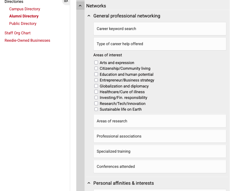 A screenshot of the Alumni Directory showing Network search terms