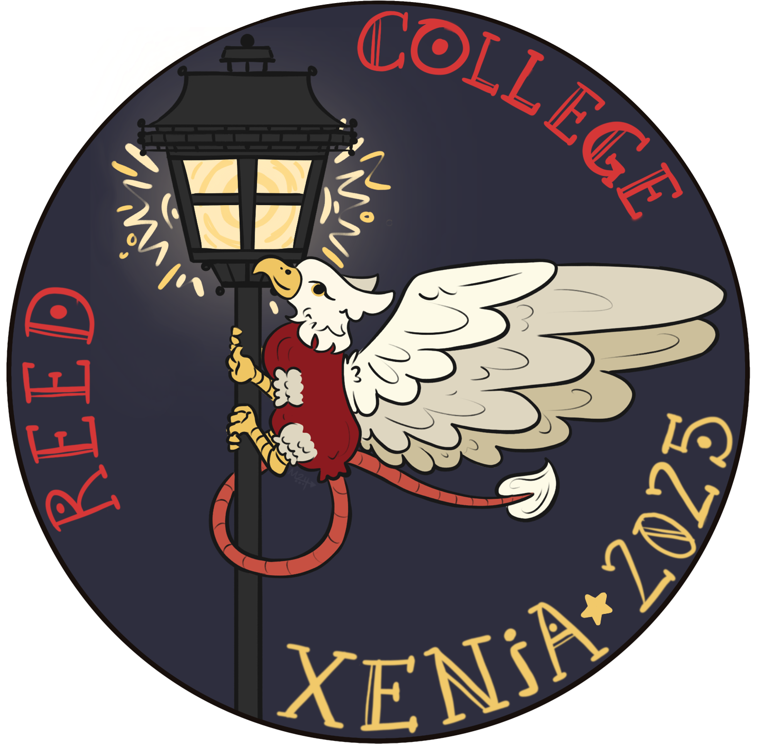 2025 Alumni Xenia Sticker, illustrated griffin on campus lampost