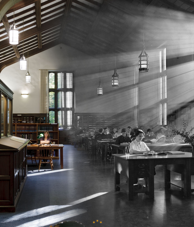 A double-exposure photo, edited to overlap a black and white historical photo with a modern one. Both depict Old Dorm Block.