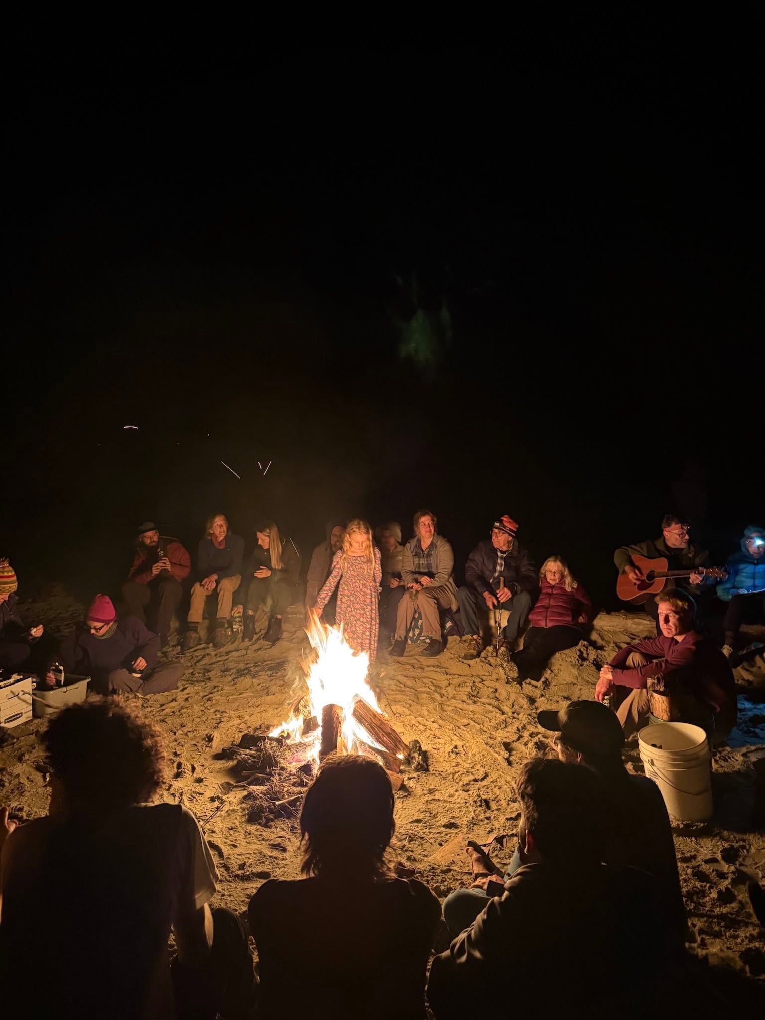 Alumni gathered around a campfire on the beach