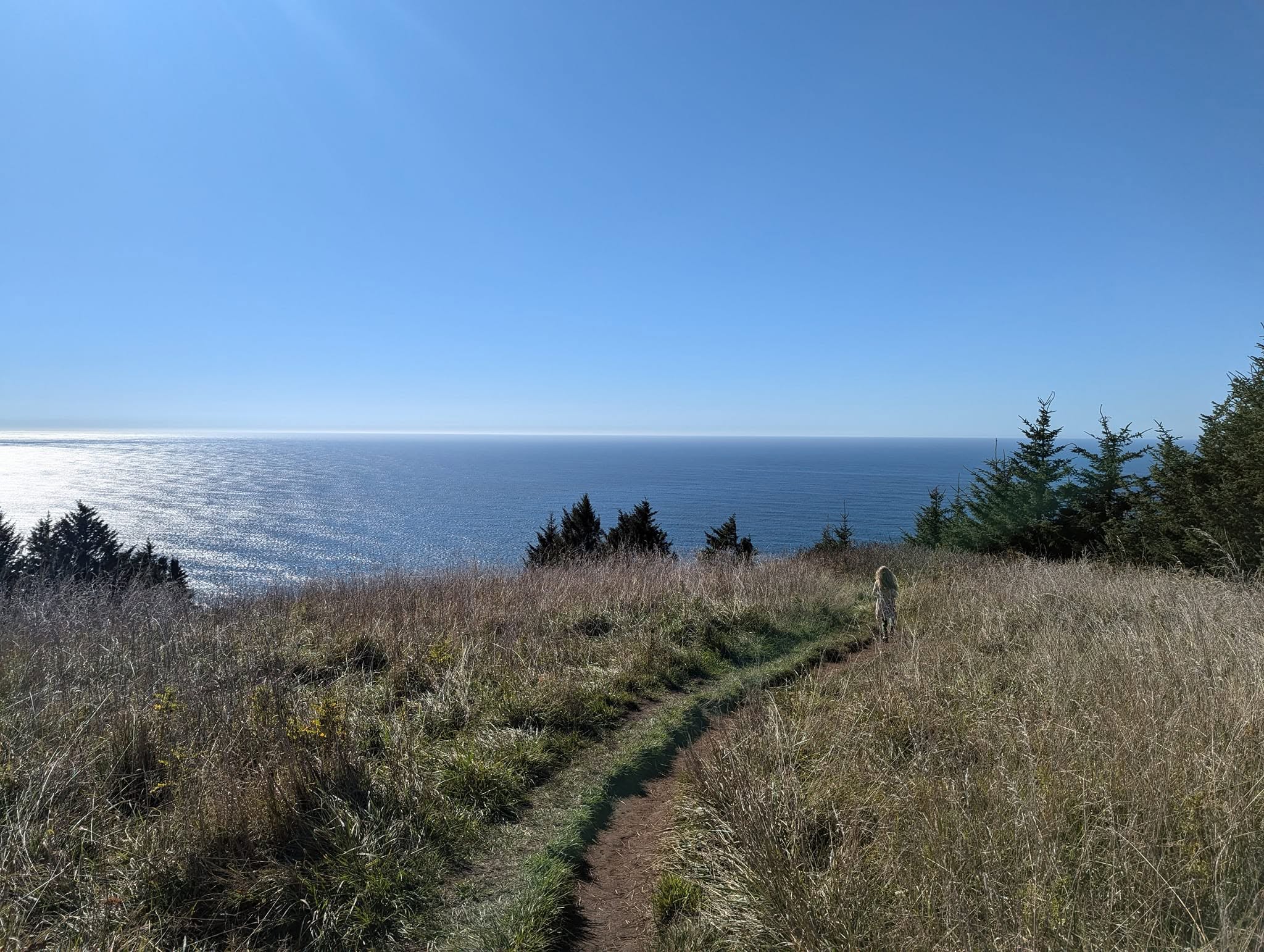 A child walking along a path in the middle of a grass field, with the ocean in the background
